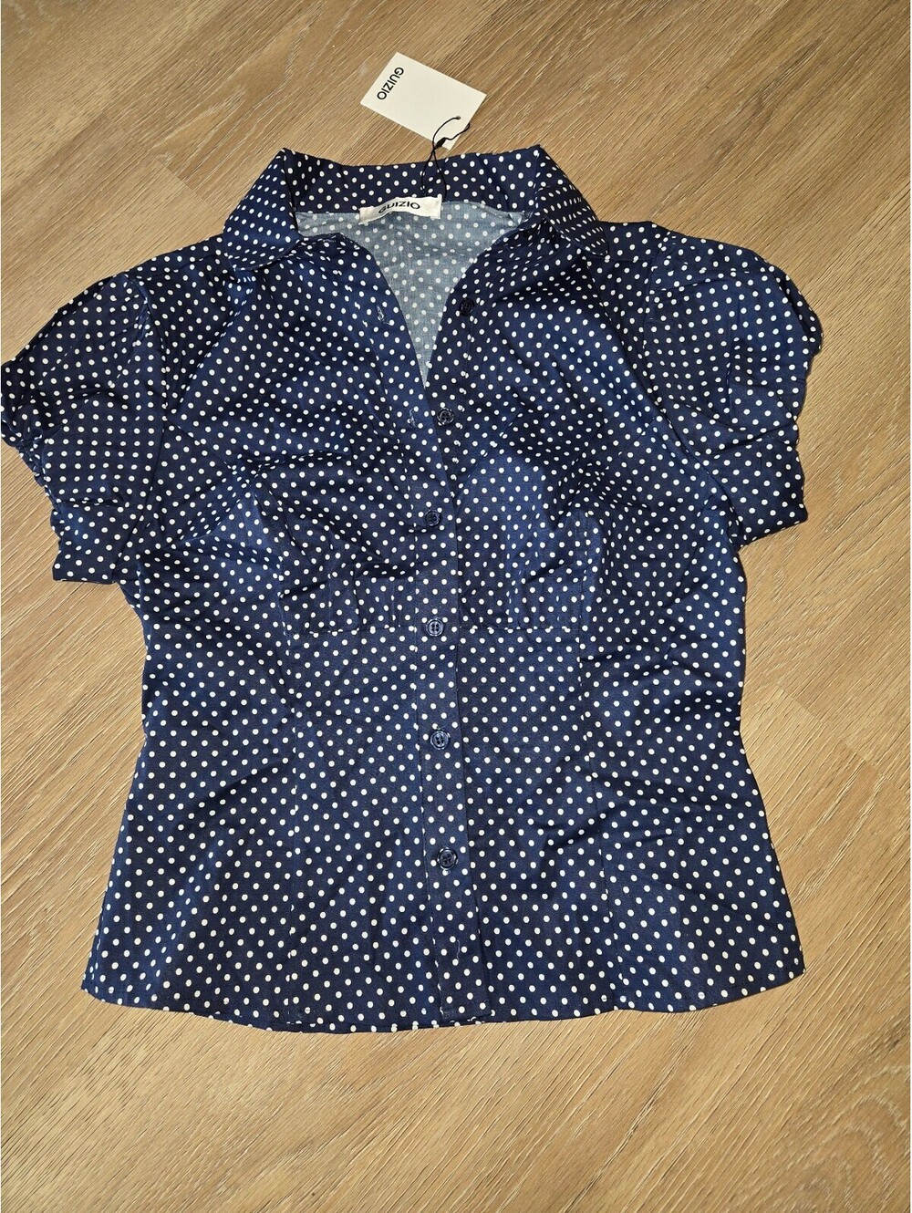NWT Guizio Liana Top in Navy and White Polka Dot